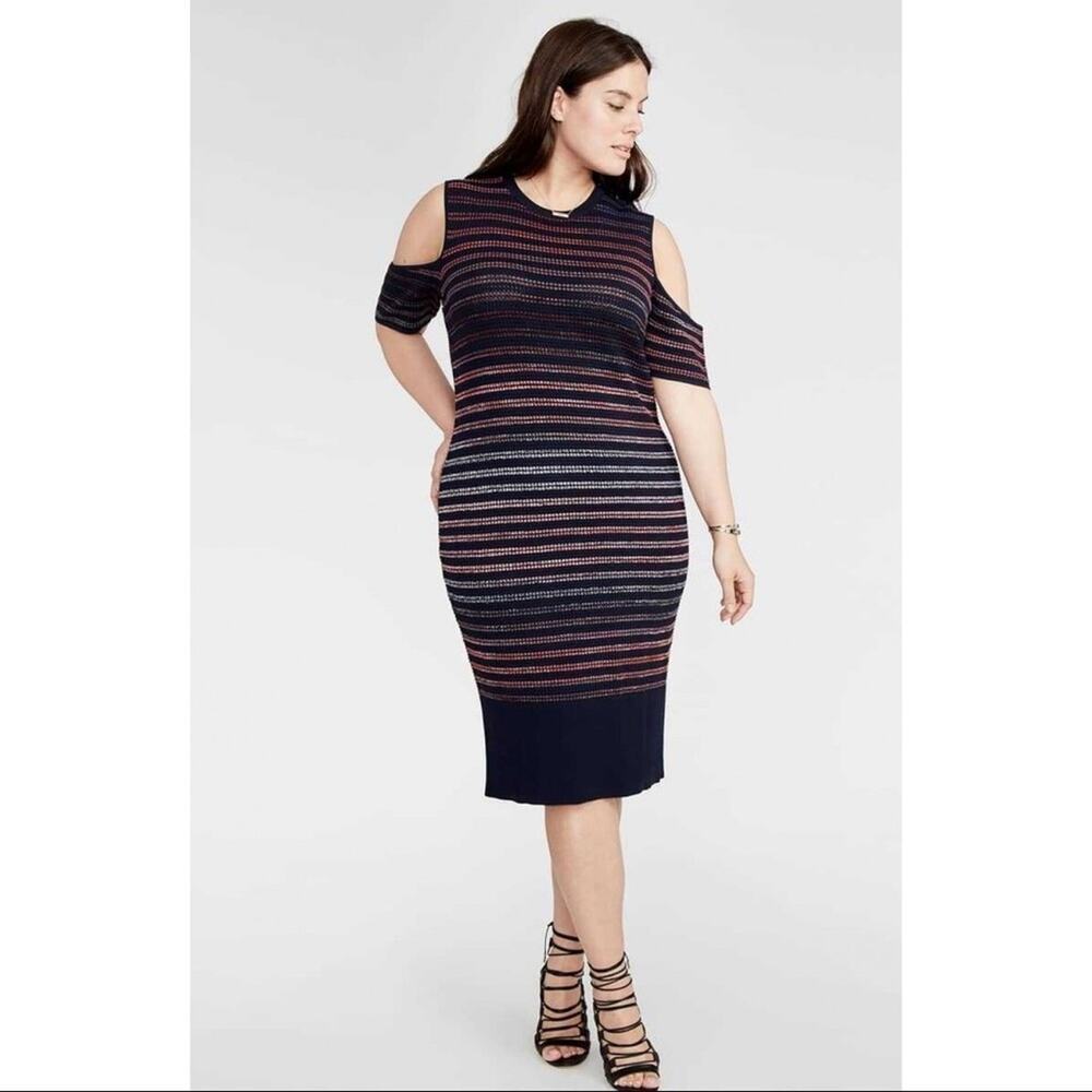 NWT RACHEL Rachel Roy Curves Ombre Striped Cold Shoulder Knit Midi Dress